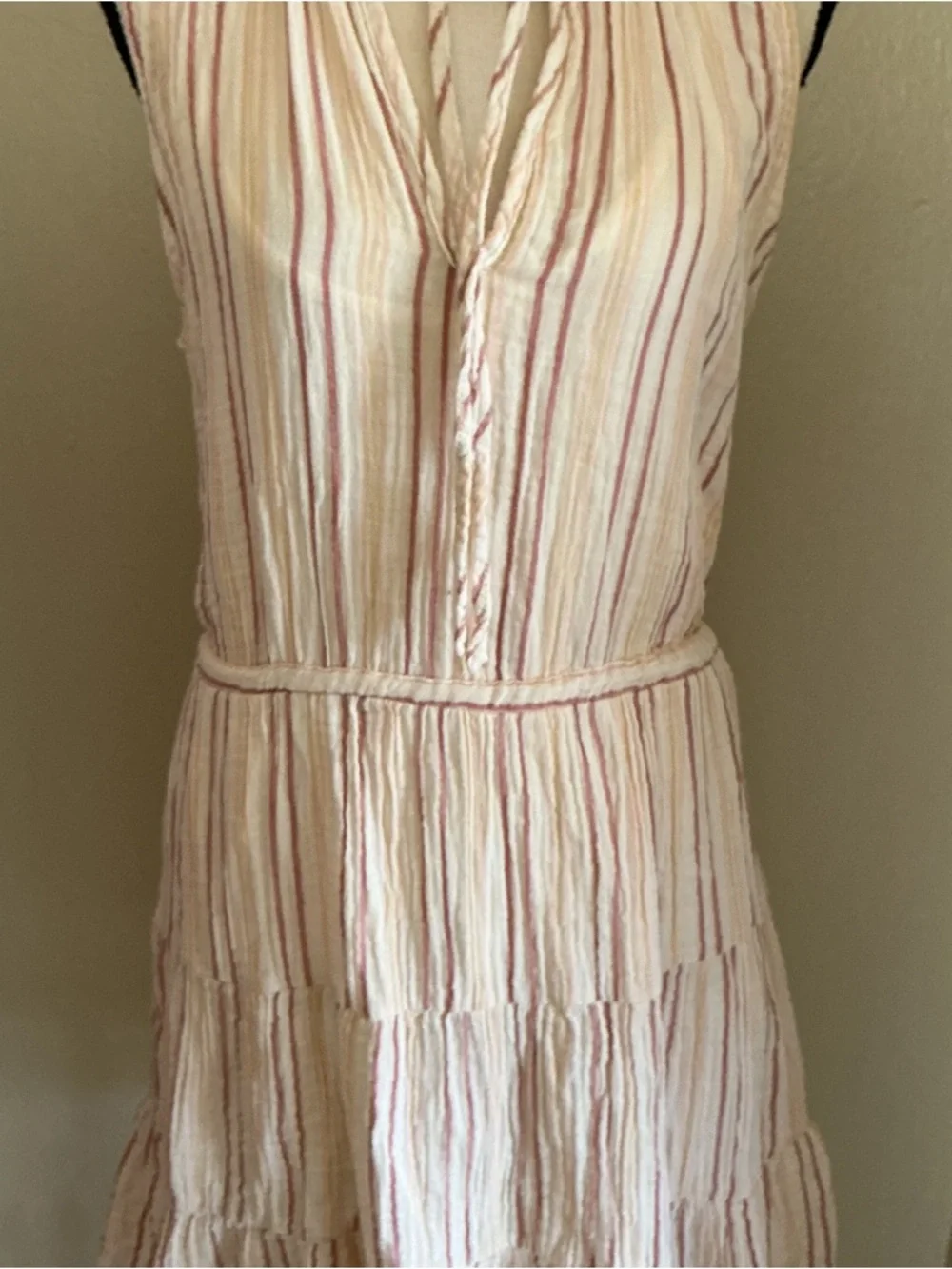 Joie Tiered Stripe Dress in Cream and Dusty Rose M Tie Back - Picture 7 of 11